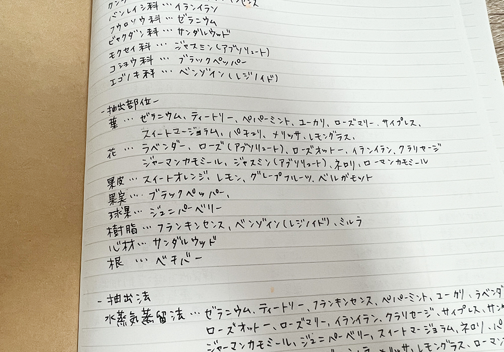 精油プロフィールを「抽出部位」ごと分けてノートにまとめた様子